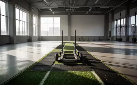 Ein leeres, minimalistisches Fitnessstudio mit einer Sportbahn und einem Schlitten auf dem Boden bei natürlichem Lichteinfall. - Foto: über boerse-global.de