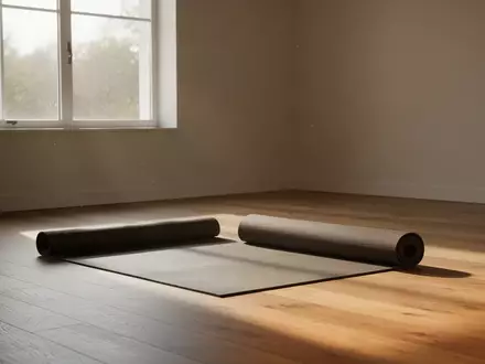 Ein heller, minimalistischer Raum mit einer ausgerollten Yogamatte auf einem Holzboden in natürlichem Sonnenlicht. - Foto: über boerse-global.de