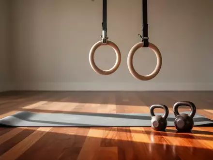 Eine minimalistische Trainingsfläche mit einer ungerollten Yogamatte, hängenden Gymnastikringen und Kettlebells in einem hellen Raum. - Foto: über boerse-global.de
