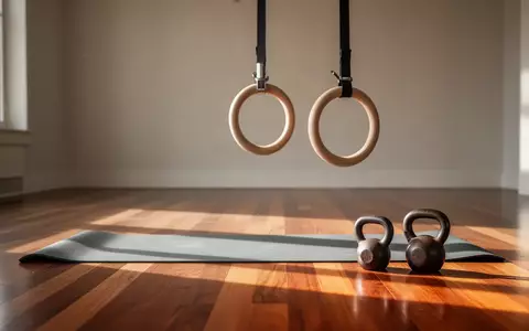 Eine minimalistische Trainingsfläche mit einer ungerollten Yogamatte, hängenden Gymnastikringen und Kettlebells in einem hellen Raum. - Foto: über boerse-global.de
