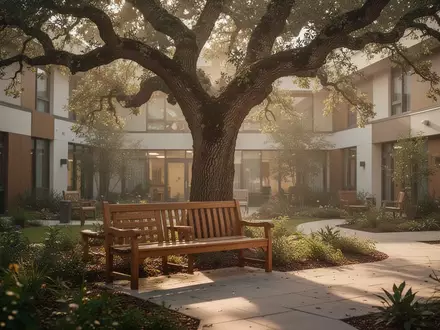 Ein sonniger, friedlicher Gartenhof in einer Pflegeeinrichtung mit einer hölzernen Bank unter einem alten Baum. - Foto: über boerse-global.de