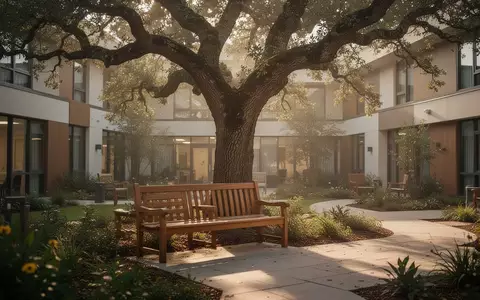 Ein sonniger, friedlicher Gartenhof in einer Pflegeeinrichtung mit einer hölzernen Bank unter einem alten Baum. - Foto: über boerse-global.de