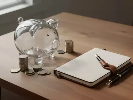 Ein leeres Sparschwein aus Glas steht neben einem Stapel Münzen und einem leeren Notizbuch auf einem Holztisch. - Foto: über boerse-global.de