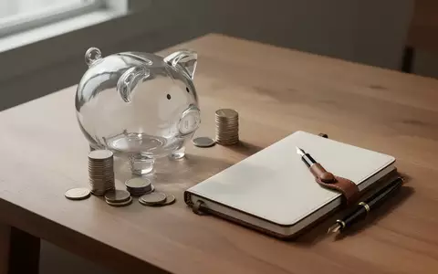 Ein leeres Sparschwein aus Glas steht neben einem Stapel Münzen und einem leeren Notizbuch auf einem Holztisch. - Foto: über boerse-global.de