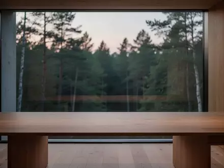 Ein minimalistischer, leerer Schreibtisch in einem hellen Arbeitszimmer mit Blick auf einen Wald bei Dämmerung. - Foto: über boerse-global.de
