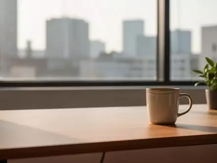 Ein minimalistischer, aufgeräumter Arbeitsplatz mit einem hölzernen Schreibtisch und einer Pflanze vor einem hellen Fenster. - Foto: über boerse-global.de