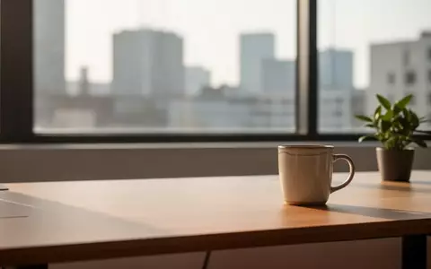 Ein minimalistischer, aufgeräumter Arbeitsplatz mit einem hölzernen Schreibtisch und einer Pflanze vor einem hellen Fenster. - Foto: über boerse-global.de
