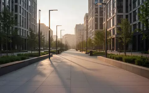 Ein leerer, moderner Gehweg in einer russischen Stadt bei Sonnenuntergang mit minimalistischen Straßenlaternen. - Foto: über boerse-global.de
