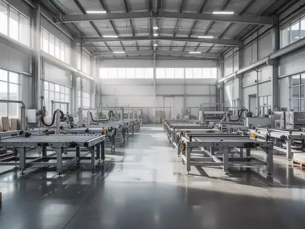 Eine moderne, weitläufige Industriehalle mit polierten Betonböden und hellen Montagearbeitsplätzen in einer Fertigungsstätte. - Foto: über boerse-global.de