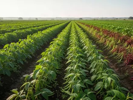 Weites Feld mit jungen Hülsenfruchtpflanzen in der Morgensonne als Symbol für die Agrarwende. - Foto: über boerse-global.de