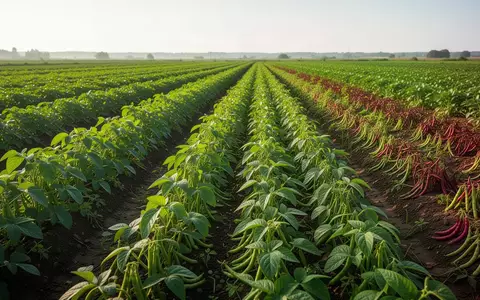 Weites Feld mit jungen Hülsenfruchtpflanzen in der Morgensonne als Symbol für die Agrarwende. - Foto: über boerse-global.de