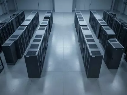 Ein moderner, minimalistischer Serverraum mit symmetrischen, dunklen Kühlschränken und kühler blauer Beleuchtung. - Foto: über boerse-global.de