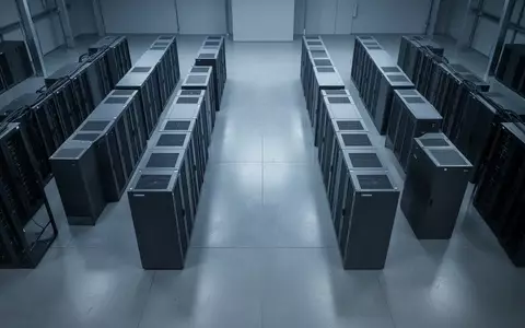 Ein moderner, minimalistischer Serverraum mit symmetrischen, dunklen Kühlschränken und kühler blauer Beleuchtung. - Foto: über boerse-global.de