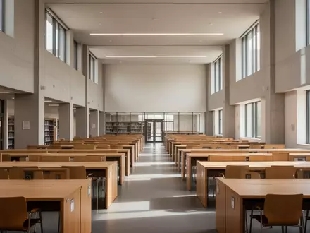 Ein heller, moderner Lesesaal in einer Universitätsbibliothek mit leeren Holztischen und einfallendem Tageslicht. - Foto: über boerse-global.de