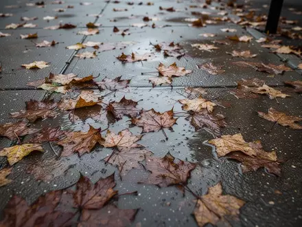 Nasses, rutschiges Herbstlaub auf einem dunklen Gehweg nach einem Regenschauer. - Foto: über boerse-global.de