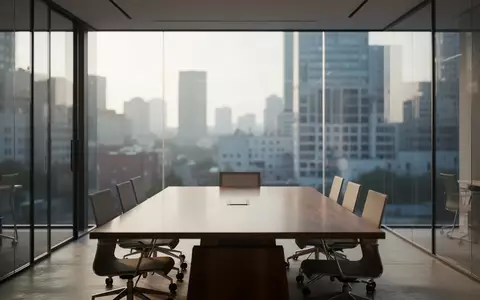 Ein minimalistischer, leerer Konferenzraum in einem modernen Büro mit Blick auf eine urbane Umgebung bei Tageslicht. - Foto: über boerse-global.de