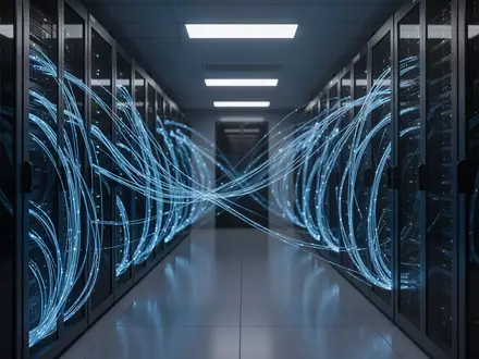 Moderne Serverinfrastruktur mit leuchtenden Glasfaserkabeln in einem Rechenzentrum. - Foto: über boerse-global.de