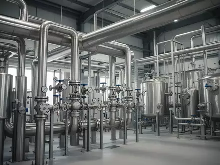 Industrielle Anlage mit Edelstahlrohrleitungen und Druckbehältern in einer modernen Fertigungsumgebung. - Foto: über boerse-global.de