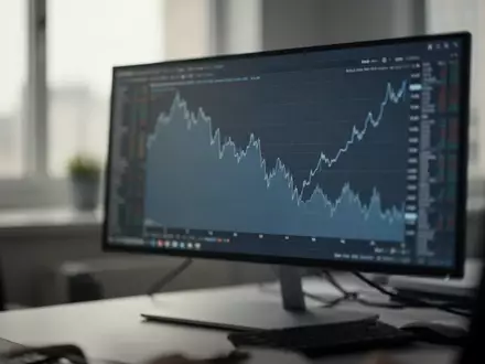 Ein verschwommener Computerbildschirm an einem Schreibtisch zeigt einen fallenden Aktienchart. - Foto: über boerse-global.de