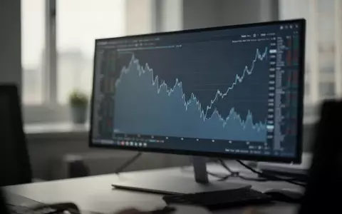 Ein verschwommener Computerbildschirm an einem Schreibtisch zeigt einen fallenden Aktienchart. - Foto: über boerse-global.de