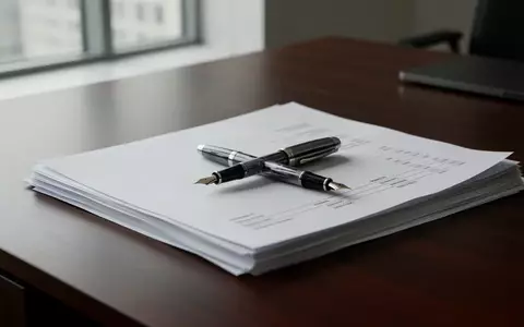 Ein Füllfederhalter liegt auf einem Stapel leerer Finanzdokumente auf einem dunklen Schreibtisch. - Foto: über boerse-global.de