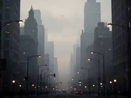 Dichte städtische Umgebung bei Dämmerung mit atmosphärischer Trübung und architektonischen Silhouetten unter einem bewölkten Himmel. - Foto: über boerse-global.de