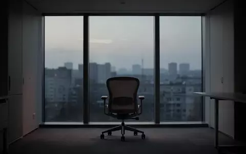 Ein minimalistisches, leerstehendes Büro bei Dämmerung mit Blick auf eine Stadtkulisse, das eine nachdenkliche Stimmung erzeugt. - Foto: über boerse-global.de