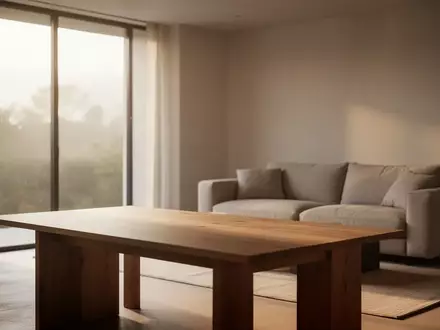 Ein minimalistisches, modern eingerichtetes Wohnzimmer mit hellem Tageslicht, das auf einen leeren Holztisch fällt. - Foto: über boerse-global.de