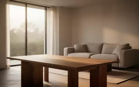 Ein minimalistisches, modern eingerichtetes Wohnzimmer mit hellem Tageslicht, das auf einen leeren Holztisch fällt. - Foto: über boerse-global.de