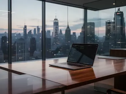 Modernes Bürointerieur mit minimalistischem Schreibtisch in einer Finanzumgebung bei Dämmerung. - Foto: über boerse-global.de