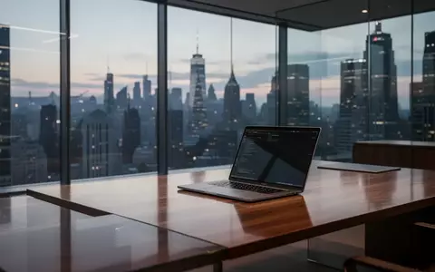 Modernes Bürointerieur mit minimalistischem Schreibtisch in einer Finanzumgebung bei Dämmerung. - Foto: über boerse-global.de