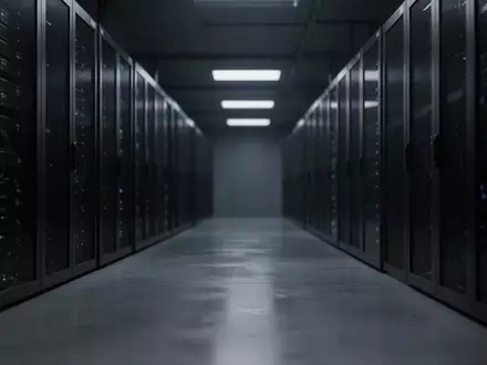 Abstrakte Aufnahme eines dunklen, modern gestalteten Serverraums mit metallischen Racks in gedimmtem Licht. - Foto: über boerse-global.de
