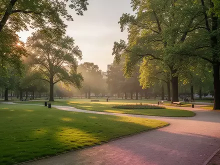 Ein weitläufiger, grüner Stadtpark mit alten Bäumen und Wegen im weichen Licht der Morgensonne. - Foto: über boerse-global.de