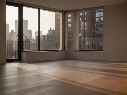 Ein minimalistisch eingerichtetes, leeres Wohnzimmer mit einfallendem Tageslicht und langen Schatten auf dem Holzboden. - Foto: über boerse-global.de