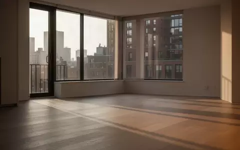 Ein minimalistisch eingerichtetes, leeres Wohnzimmer mit einfallendem Tageslicht und langen Schatten auf dem Holzboden. - Foto: über boerse-global.de