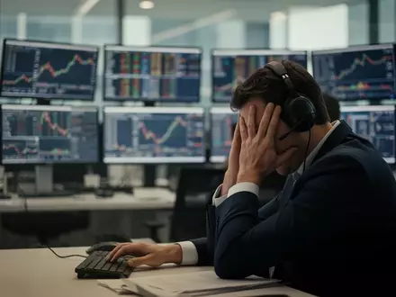 Ein besorgter Börsenhändler sitzt nachdenklich an seinem Schreibtisch vor unscharfen Monitoren. - Foto: über boerse-global.de