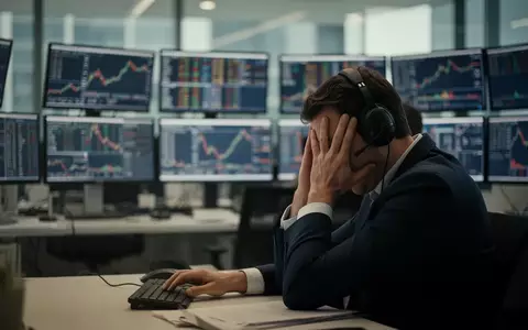 Ein besorgter Börsenhändler sitzt nachdenklich an seinem Schreibtisch vor unscharfen Monitoren. - Foto: über boerse-global.de