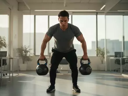 Eine Person führt in einem modernen Büro eine Farmer's Carry Übung mit Kettlebells zur Stärkung der Rumpfmuskulatur aus. - Foto: über boerse-global.de