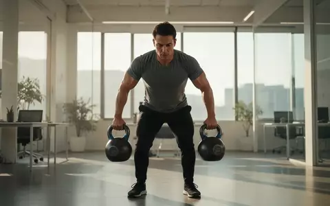 Eine Person führt in einem modernen Büro eine Farmer's Carry Übung mit Kettlebells zur Stärkung der Rumpfmuskulatur aus. - Foto: über boerse-global.de