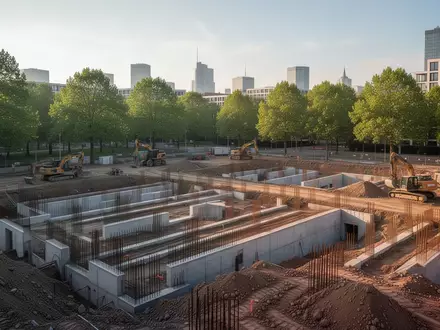 Eine Baustelle für ein neues Wohnquartier mit ausgehobenen Fundamenten und Baumaschinen bei Tageslicht. - Foto: über boerse-global.de