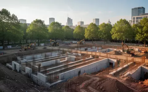 Eine Baustelle für ein neues Wohnquartier mit ausgehobenen Fundamenten und Baumaschinen bei Tageslicht. - Foto: über boerse-global.de