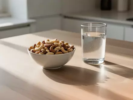 Eine Schale mit Nüssen und ein Glas Wasser auf einer hellen Holzarbeitsplatte bei natürlichem Tageslicht. - Foto: über boerse-global.de