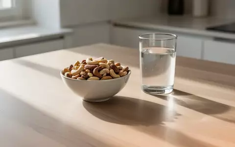 Eine Schale mit Nüssen und ein Glas Wasser auf einer hellen Holzarbeitsplatte bei natürlichem Tageslicht. - Foto: über boerse-global.de