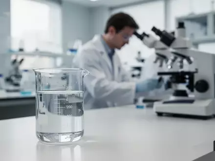Ein modernes medizinisches Forschungslabor mit einem Glasbecher auf einem Labortisch und einem Forscher im Hintergrund. - Foto: über boerse-global.de