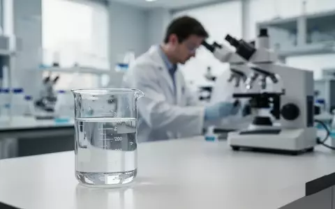 Ein modernes medizinisches Forschungslabor mit einem Glasbecher auf einem Labortisch und einem Forscher im Hintergrund. - Foto: über boerse-global.de