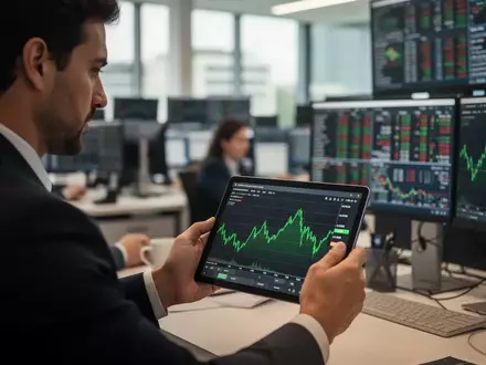 Ein Finanzanalyst betrachtet ein Tablet mit einem steigenden Börsenchart in einem modernen Büro. - Foto: über boerse-global.de