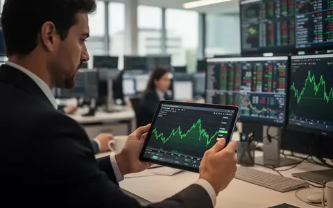 Ein Finanzanalyst betrachtet ein Tablet mit einem steigenden Börsenchart in einem modernen Büro. - Foto: über boerse-global.de
