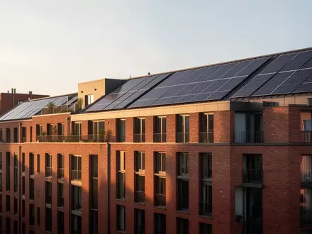 Dach eines modernen Mehrfamilienhauses mit einer großflächigen Photovoltaikanlage zur lokalen Stromversorgung. - Foto: über boerse-global.de