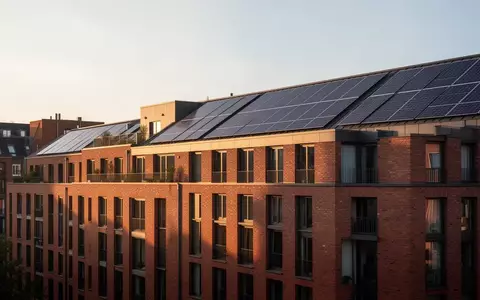 Dach eines modernen Mehrfamilienhauses mit einer großflächigen Photovoltaikanlage zur lokalen Stromversorgung. - Foto: über boerse-global.de