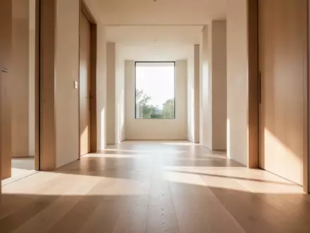 Ein heller, minimalistischer Flur in einer barrierefreien Wohnung mit breiten Durchgängen und hellem Holzboden. - Foto: über boerse-global.de